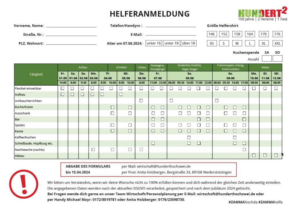 Formular für die Helferanmeldung