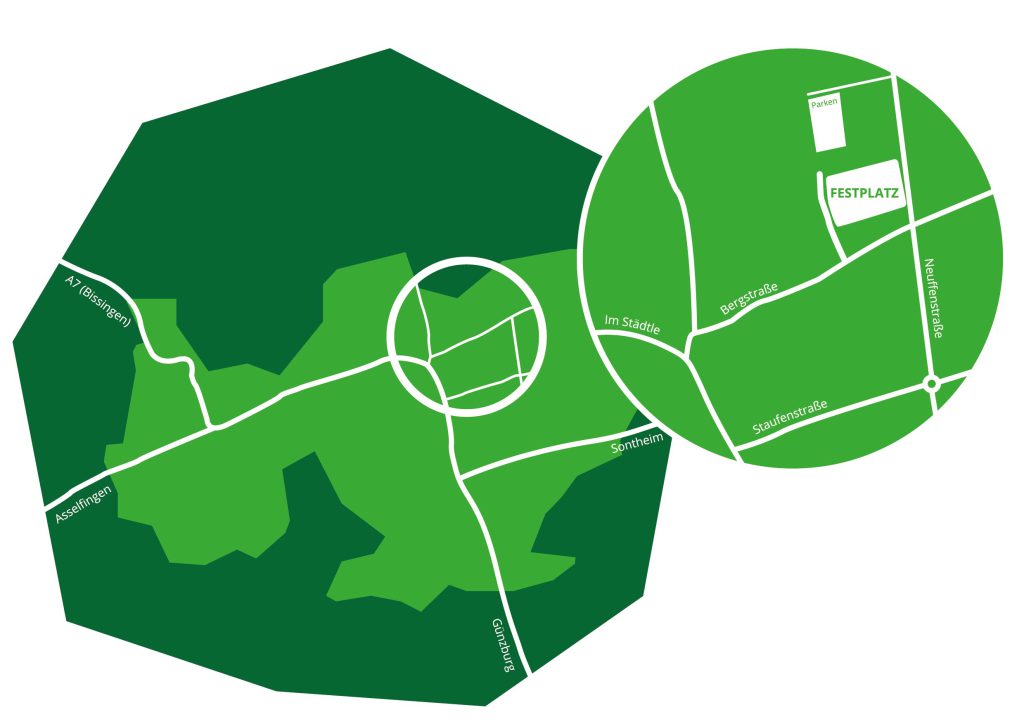 Ein Lageplan der Stadt Niederstotzingen und ein Detailplan vom Festplatz